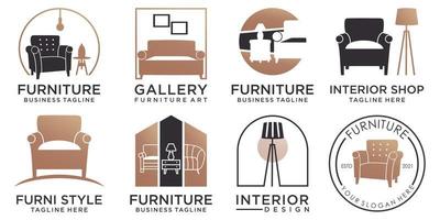 inspiración para el diseño del logotipo del conjunto de iconos de muebles.ilustración vectorial de silla, mesa y lámpara decorativa vector