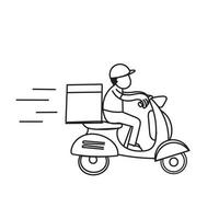 dibujado a mano doodle scooter entrega mensajero ilustración vector