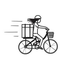 vector de ilustración de mensajero de entrega de bicicleta de garabato dibujado a mano