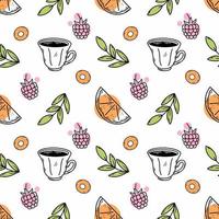 Seamless pattern for cafe menu. Coffee and tea. Endless wallpaper for printing on fabric. Packing paper. Lemon slice. Vector doodle illustration.