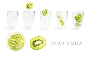 Gota de refresco de kiwi en vaso con vista superior y vista lateral foto