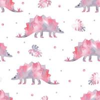 Watercolor childish seamless pattern with stegosaurus dinosaurs and monstera leaf. Pink and gray watercolor illustration for nursery, background, fabric or textile.