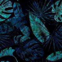 Night tropical leaves seamless pattern on black background. Vintage jungle foliage in engraving style. photo