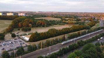 Train moving on Tracks at Leagrave Railway Station of Luton England UK, Aerial View of British Trains at Local Railway Station, Drone's High Angle Footage video