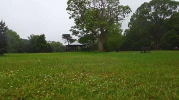 riprese aeree e dall'alto del parco pubblico locale in una giornata nuvolosa, il parco di wardown si trova sul fiume lea a luton. il parco dispone di vari impianti sportivi, è sede del Wardown Park Museum. video