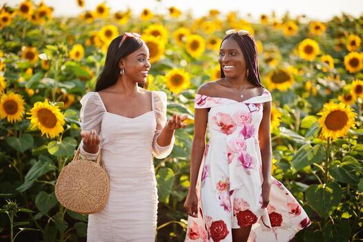 dos jóvenes amigas negras usan pose de vestido de verano en un campo de girasoles. foto