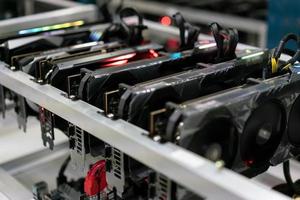 Bitcoin mining farm.  GPU for cryptocurrency miner. photo