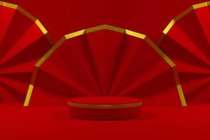 3D render Red podium with chinese new year paper decoration. Eastern style red product stand pedestal background. 3d product display stage mockup photo