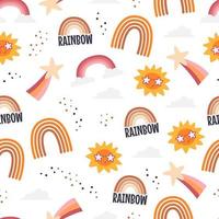 Retro hippie rainbow seamless pattern isolated on white. Textile vintage style print design with sun, clouds, stars and dots. 70s raibows repeated background. Hand drawn flat vector illustration