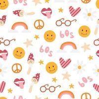 Retro 60s related seamless pattern isolated on white. Textile vintage style print design with smiley, rainbow, hippie and peace elements. Nostalgic repeated background. Hand drawn vector illustration