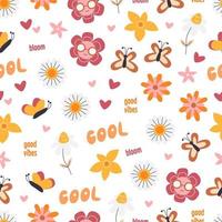 Retro psychedelic daisy flowers seamless pattern isolated on white. Groovy nature print. Textile vintage style design. Repeated background with butterflies and hearts. Hand drawn vector illustration