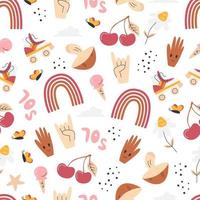 Retro 70s hippie seamless pattern isolated on white. Textile vintage style print design with cherry, rainbow, skate rollers, rock gesture. Nostalgic repeated background. Hand drawn vector illustration