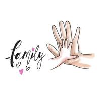 familia, inscripción manuscrita, la mano de los niños de dibujos animados sostiene la mano de un adulto vector