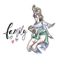 Family, handwritten lettering, dad with mom and daughter, parenthood vector