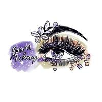 Autumn makeup, handwritten lettering, eyes with long eyelashes, flowers vector