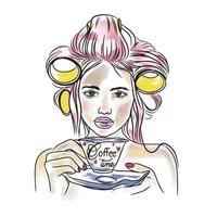 Coffee time, handwritten quote, beautiful girl with curlers on her head drinking coffee