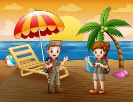 Cartoon illustration of two teenagers explore on the beach vector