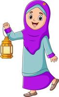 Happy Muslim woman holding lantern isolated on white background vector