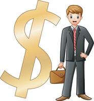 A man in a business suit with a briefcase stands near a big golden dollar sign vector