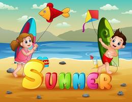 Summer background with kids are playing kite vector