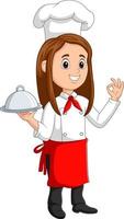 Cartoon woman chef holding a silver plate and giving a perfect okay delicious cook gesture