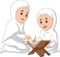 Muslim woman teaching his daughter read Quran vector
