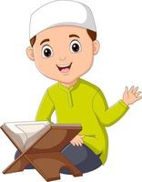 Cartoon illustration of a muslim boy reading Quran vector