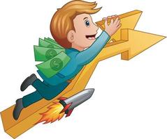 Young businessman riding rocket with up arrow vector