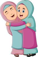feliz madre árabe e hija se abrazan y sonríen juntas vector