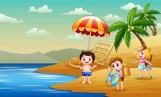 Vector illustration of children playing at the beach