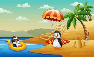 fondo de vacaciones de verano con pingüinos en la playa vector