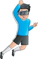 Young man wearing soccer uniform and play with virtual glasses vector