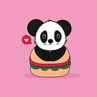 lindo panda con ilustración de icono de vector de dibujos animados de hamburguesa. concepto de icono de comida animal vector premium aislado. estilo de dibujos animados plana