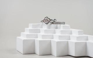 Close up of engagement diamond ring. Love and wedding concept. photo