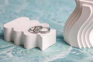 Close up of engagement diamond ring. Love and wedding concept. photo