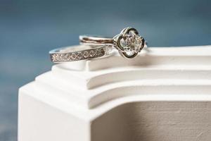 Close up of engagement diamond ring. Love and wedding concept. photo