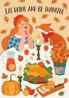 Happy Thanksgiving illustration. Cute lady with fox at festive table. Vector design for card, poster, flyer, web and other use