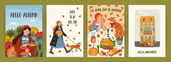 Set of autumn illustrations with cute girl. Vector design for card, poster, flyer, web and other use.