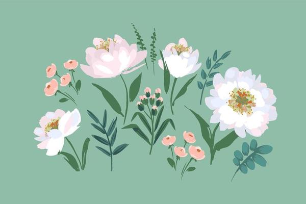 Set of floral design elements. Leaves, flowers, grass, branches Vector illustration