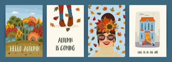 Set of autumn illustrations with cute girl. Vector design for card, poster, flyer, web and other use.