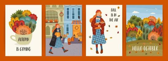 Set of autumn illustrations with cute girl. Vector design for card, poster, flyer, web and other use.