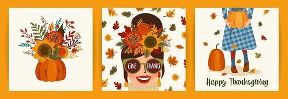 Happy Thanksgiving illustrations. Set of vector designs for card, poster, flyer, web and other use