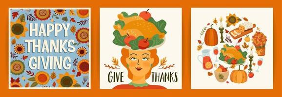 Happy Thanksgiving illustrations. Set of vector designs for card, poster, flyer, web and other use