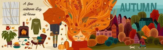 banner de otoño con gente y naturaleza. artes gráficas y texturas dibujadas a mano. plantilla de diseño vectorial. vector