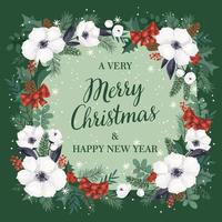 Christmas and Happy New Year illustration with Christmas tree and flowers. Trendy retro style. Vector design template.