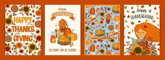 Happy Thanksgiving illustrations. Set of vector designs for card, poster, flyer, web and other use