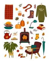 ilustración de otoño con cosas lindas hogareñas. diseño vectorial para tarjetas, afiches, volantes, web y otros usos vector