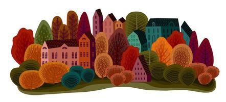 Isolated illustration with autumn town. Vector template for card, poster, flyer, cover and other use.