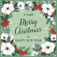 Christmas and Happy New Year illustration with Christmas tree and flowers. Trendy retro style. Vector design template.