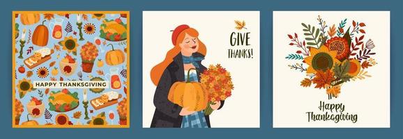 Happy Thanksgiving illustrations. Set of vector designs for card, poster, flyer, web and other use